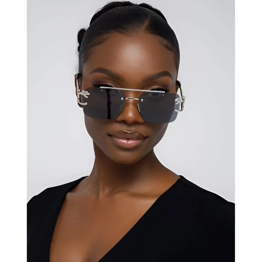Rimless Rectangle Women Sunglasses Silver‎ Frame Fashion Tinted Dark Black Lens